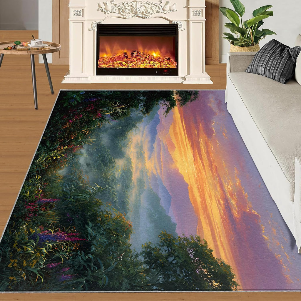 Forest Rugs for Bedroom, Tropical Forest Rug 6x8, Natural Scenery Dining Room Rugs Washable & Non Slip Large Carpet for Home Decor
