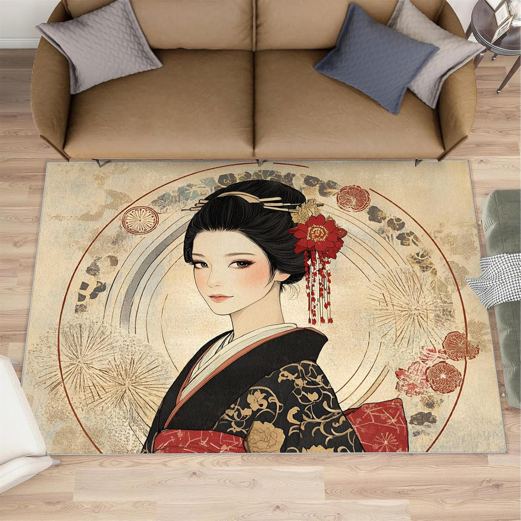 Japanese Area Rug Large - 6x8 Rug, Kimono Girl Rugs for Living Room, Asian Style Carpet, Anime Girl Washable Area Rugs for Bedroom, Retro Carpet, Japanese Home Decor