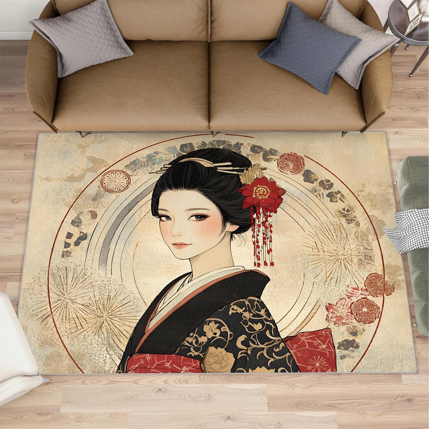 Japanese Area Rug Large - 6x8 Rug, Kimono Girl Rugs for Living Room, Asian Style Carpet, Anime Girl Washable Area Rugs for Bedroom, Retro Carpet, Japanese Home Decor