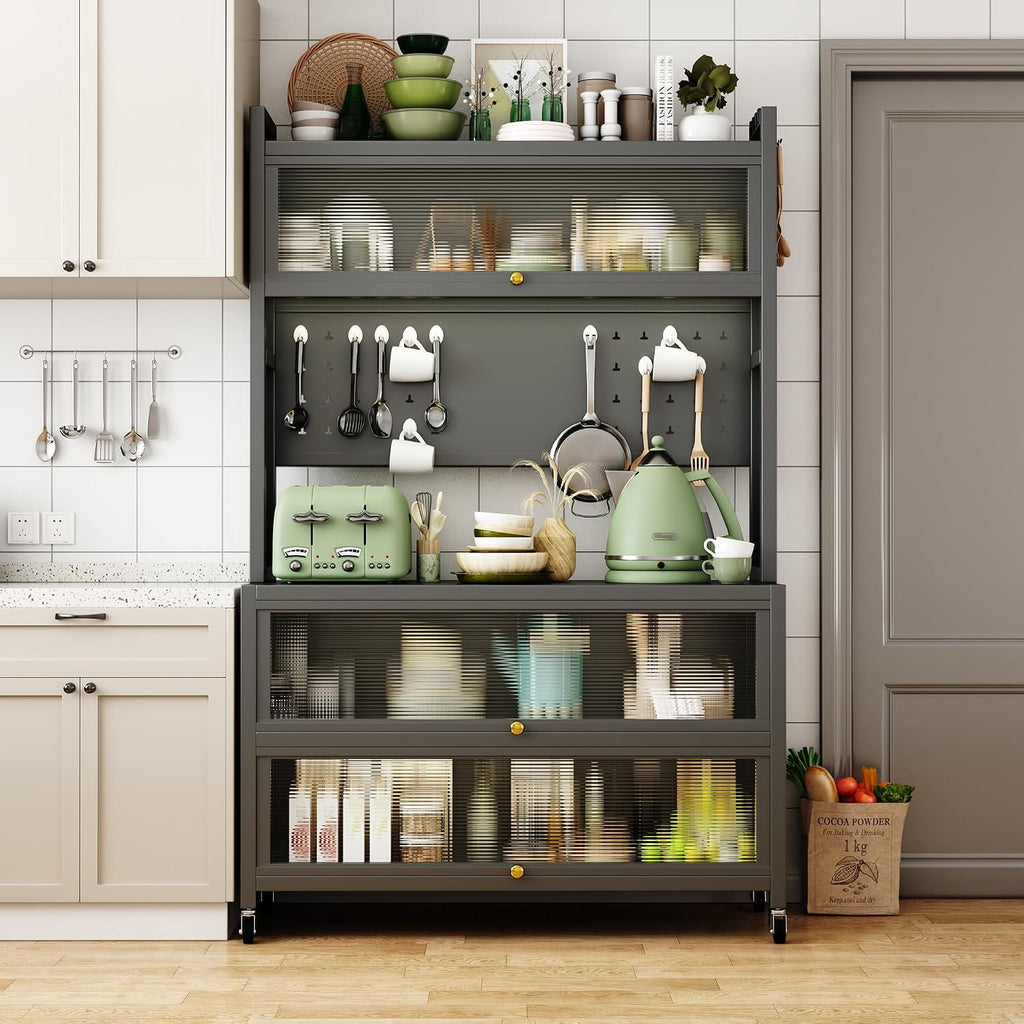 65-Inch Tall Kitchen Bakers Rack with Flip Door Cabinet, 5-Tier Microwave Stand and Coffee Bar, Pantry Storage with Pegboard Hooks, Quick Assembly, White,GreyMetal0