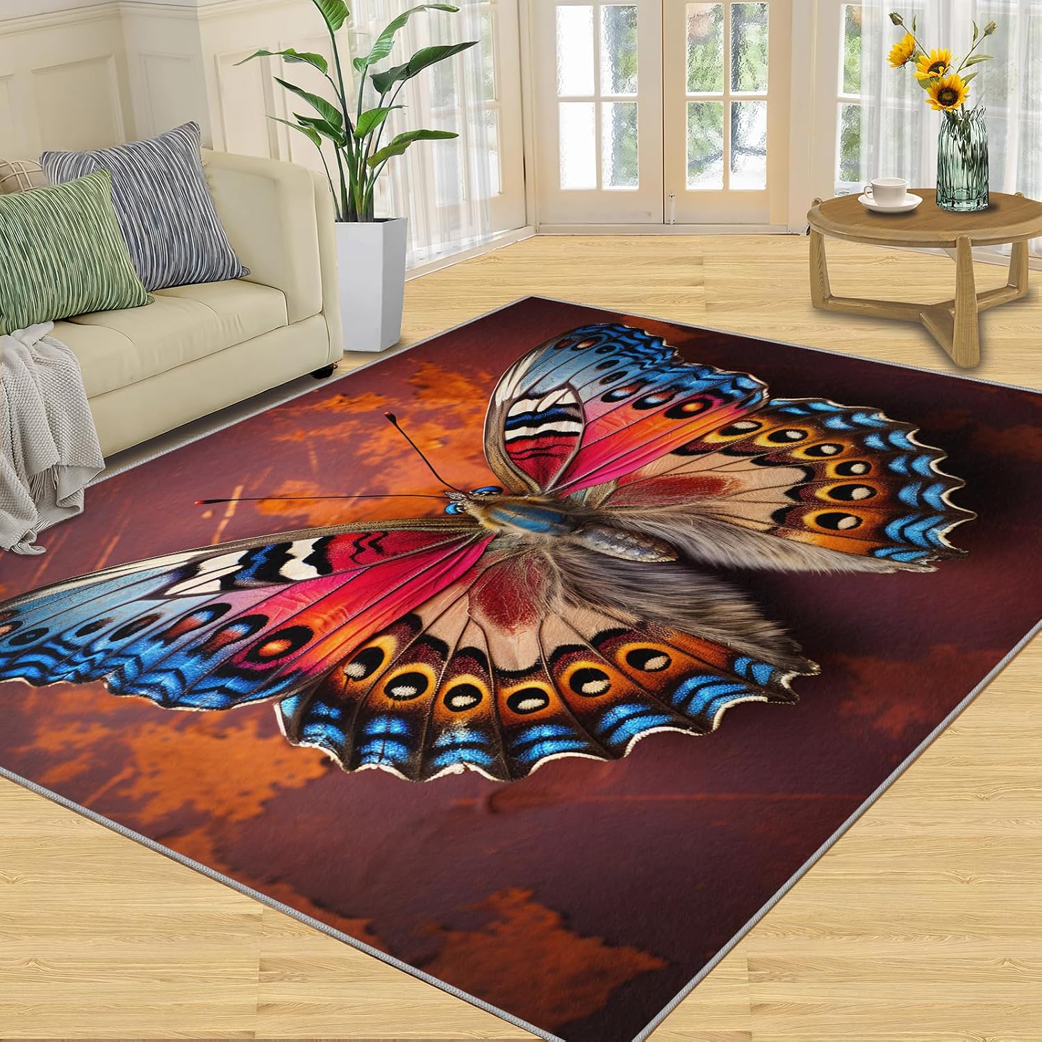 6x8 Rug Butterfly Boho Area Rugs, Retro Colorful Butterfly Soft Washable Carpet, Upholstery Rug with Non-Slip Backing for Kids Boys Girls Bedroom Living Room Dining Room Study