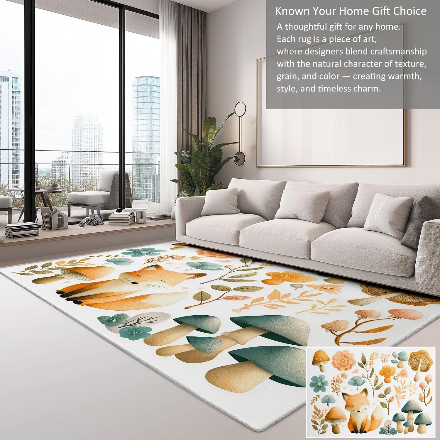 Indoor Non-Slip Area Rug 5 x 7 ft, Cartoon Style Washable Rug Watercolor Plants Animals Fox Low Pile Carpet for Living Room Entryway Kitchen Front Entrance Kids Room Door Mat Laundry