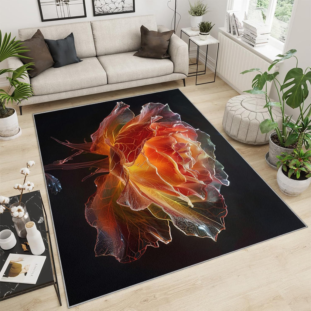 Area Rug 6x8ft, Red Glass Flowers Rugs for Living Room, Creative Popular Beautiful Bedroom Rug, Machine Washable Breathable Durable Indoor Carpet for Bedside Porch Entryway Office