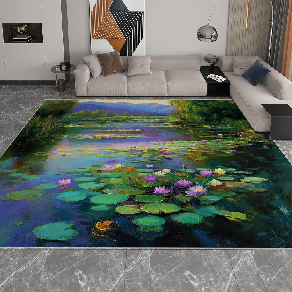 Oil Painting Area Rug 5 x 7 ft for Living Room Bedroom, Pond Mountains Lotus Leaves Willow Trees Indoor Washable Kitchen Carpet Non-Slip Low-Pile Carpet Lightweight Rug for Dining Room Bathroom Door