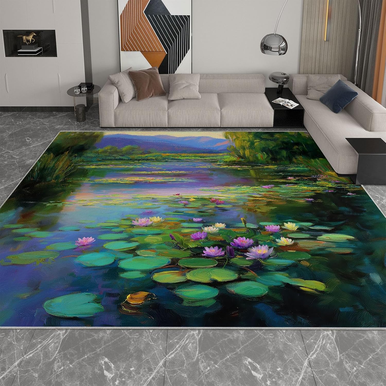 Oil Painting Area Rug 5 x 7 ft for Living Room Bedroom, Pond Mountains Lotus Leaves Willow Trees Indoor Washable Kitchen Carpet Non-Slip Low-Pile Carpet Lightweight Rug for Dining Room Bathroom Door