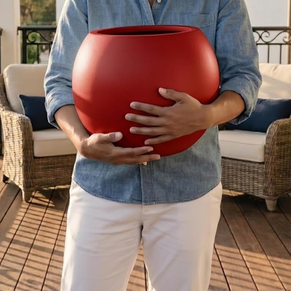 KUTE NEST 12.8' H x 16' D Premium Globo Fiberstone Round Planter for Outdoor & Indoor Plants, Chinese & Lunar New Year Home Decor Pot, House Plants, Included 2 Extra Coco Mats (Red, 10.7' Pot Opening)