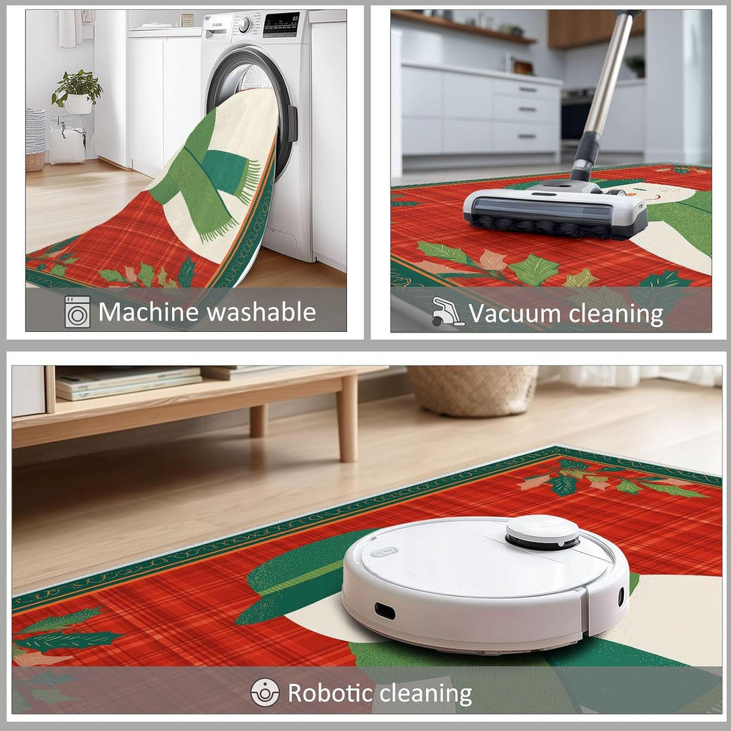 Washable Area Rug 5 x 7 ft, Cartoon Plants Leaves Snowman Soft Print Kids Area Rugs for Living Room - Non-Slip Stain Resistance Red Indoor Carpet for Bedroom Kid Nursery Playroom