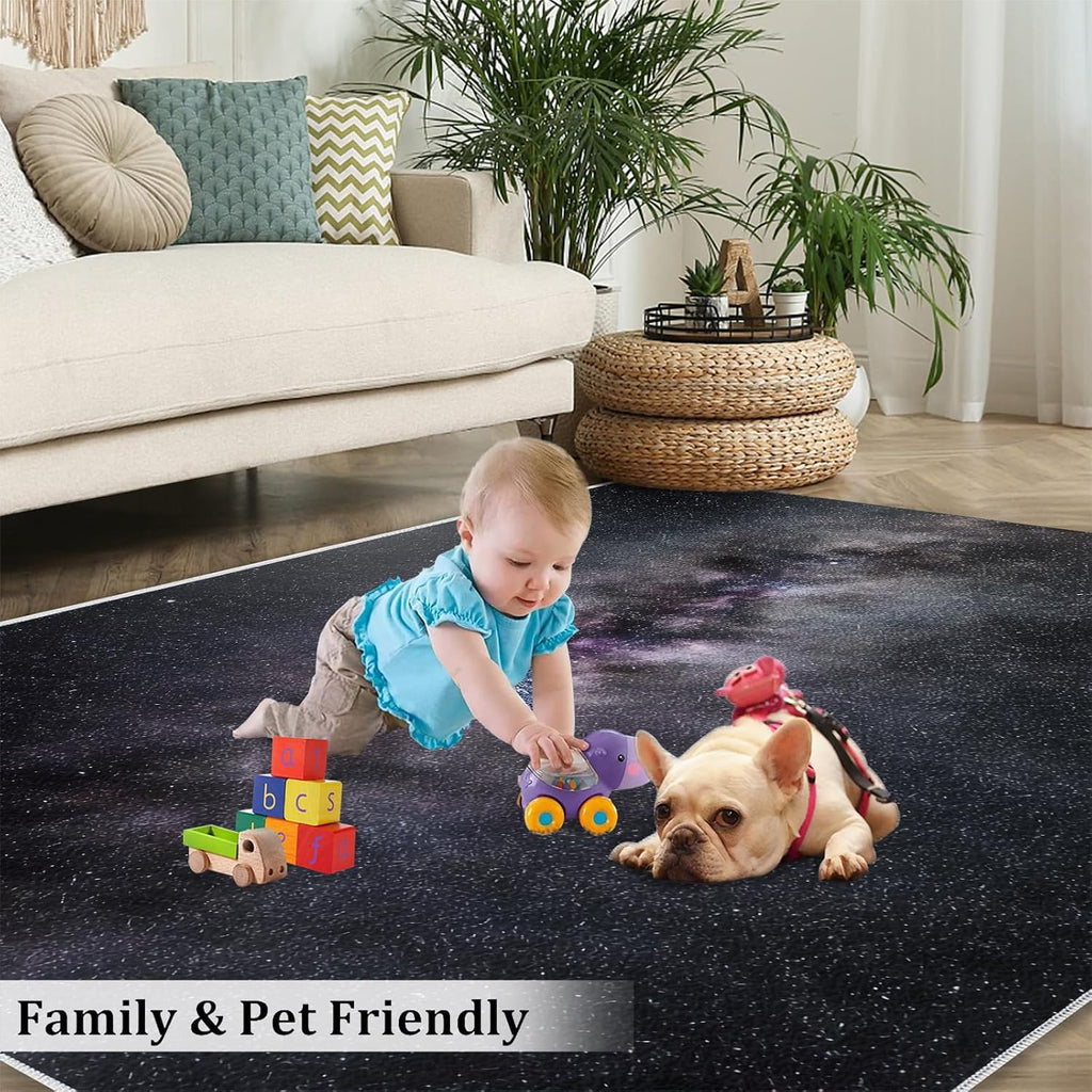 Mysterious Nebula Area Rug, Black Purple Starry Sky Rugs for Living Room, Indoor Non-Slip Kids Rugs, Machine Washable Breathable Durable Carpet for Front Entrance Floor Decor,6 x 8ft