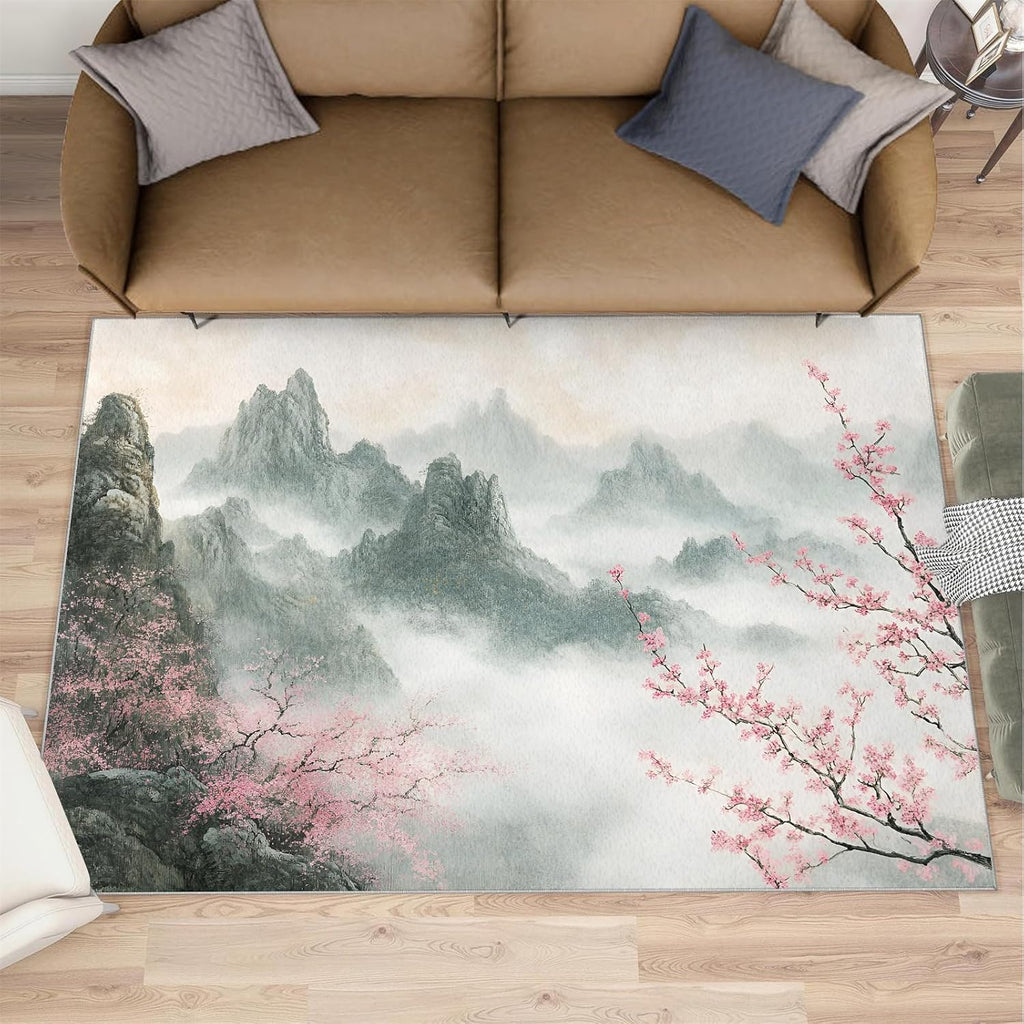 Japanese Rug Large - 6x8 Rug, Cherry Blossom Area Rugs for Living Room, Ink Painting Mountains Rugs for Bedroom, Landscape Non-Slip Mat, Japanese Home Decor & Gifts