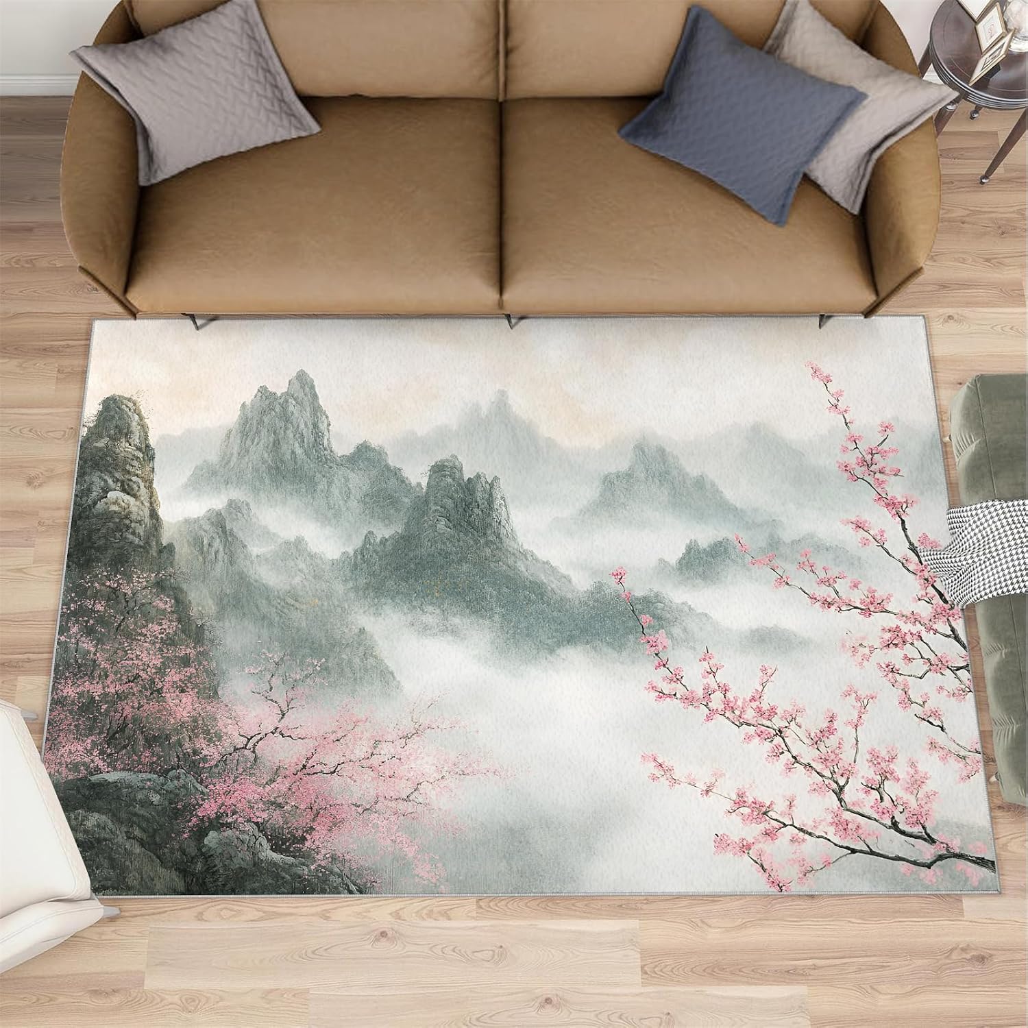Japanese Rug Large - 6x8 Rug, Cherry Blossom Area Rugs for Living Room, Ink Painting Mountains Rugs for Bedroom, Landscape Non-Slip Mat, Japanese Home Decor & Gifts