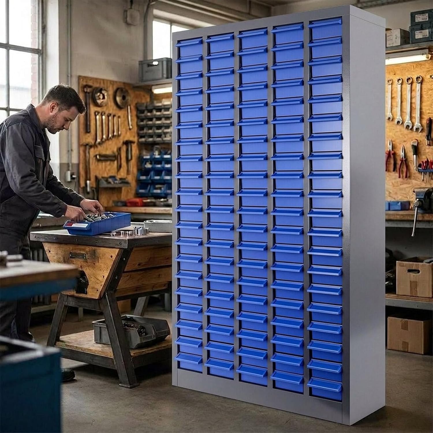100 Drawers Industrial Parts Cabinet, Hardware Electronics Bolt and Nut Organizer for Factory Garage, ABS Material Drawer with Label Stickers, for Office Supplies and Hardware Storage, Sliver&Blue