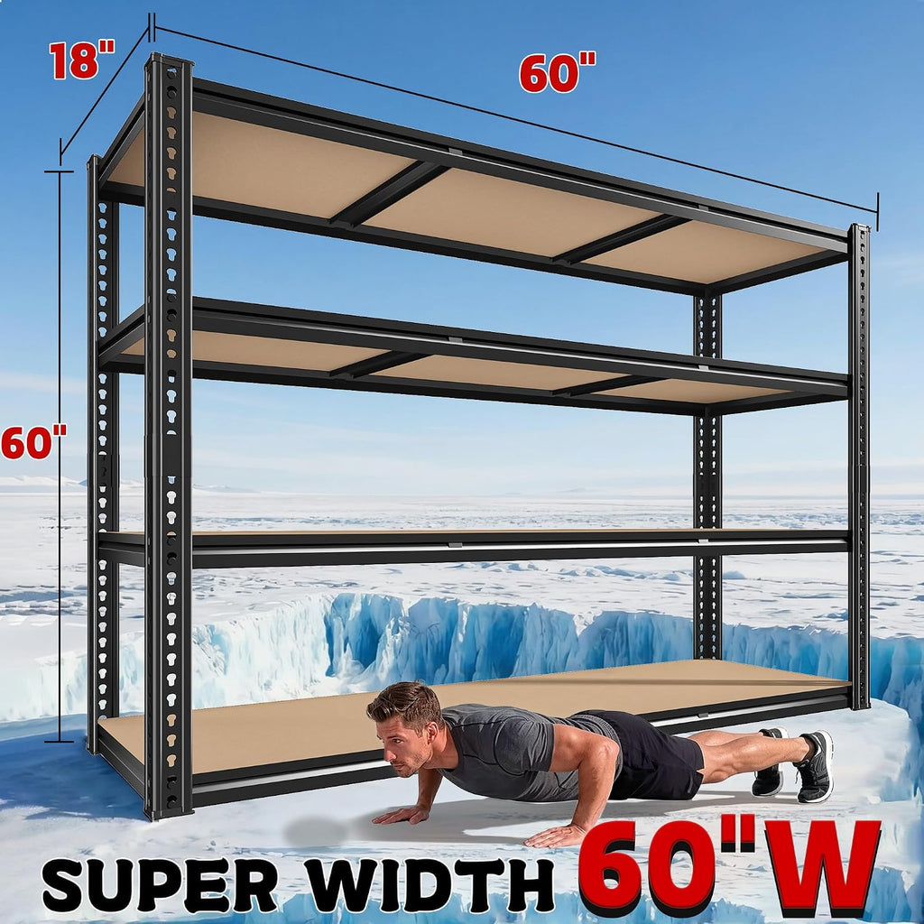 ROOMFAVE 60' W Garage Shelving Metal Shelving 2800LBS Storage Shelves Heavy Duty 4 Tier Adjustable Shelving Unit for Storage Rack Pantry Shelf Industrial Commercial,60' W x 18' D x 60' H