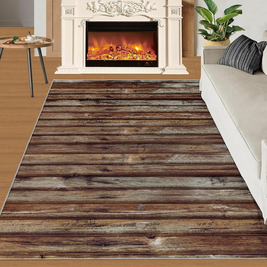 Brown Striped Wood Texture Area Rug, Modern Simple Rugs for Living Room, Easy Clean Carpet Washable Indoor Non-Slip Rug for Boys and Girls Nursery Bed Living Room Carpets Nursery Decor,6 x 8ft
