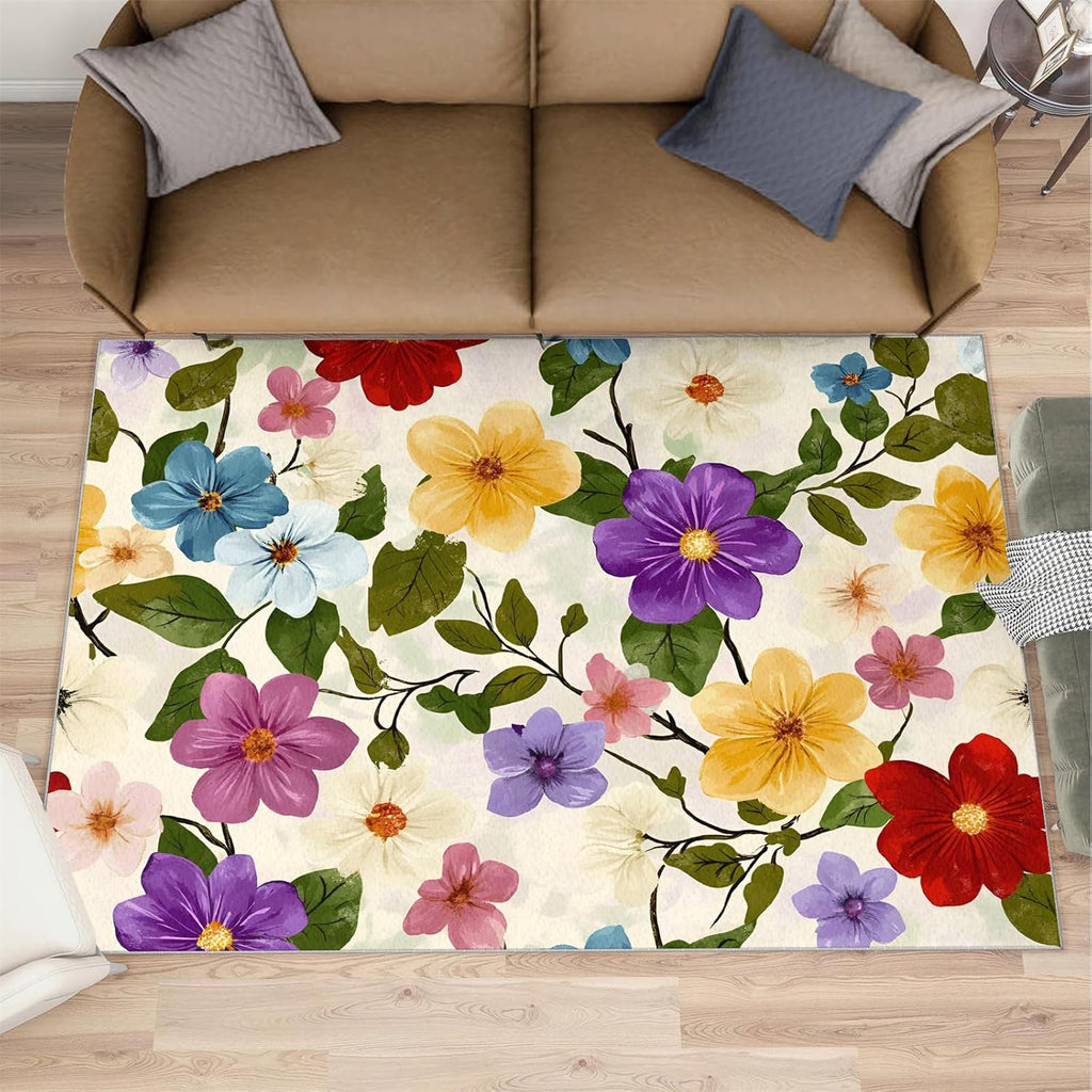 Floral Area Rug Large - 6x8 Rug, Boho Floral Rugs for Living Room, Beige Carpet, Retro Flower Washable Area Rugs for Bedroom, Boho Carpet, Flower Home Decor