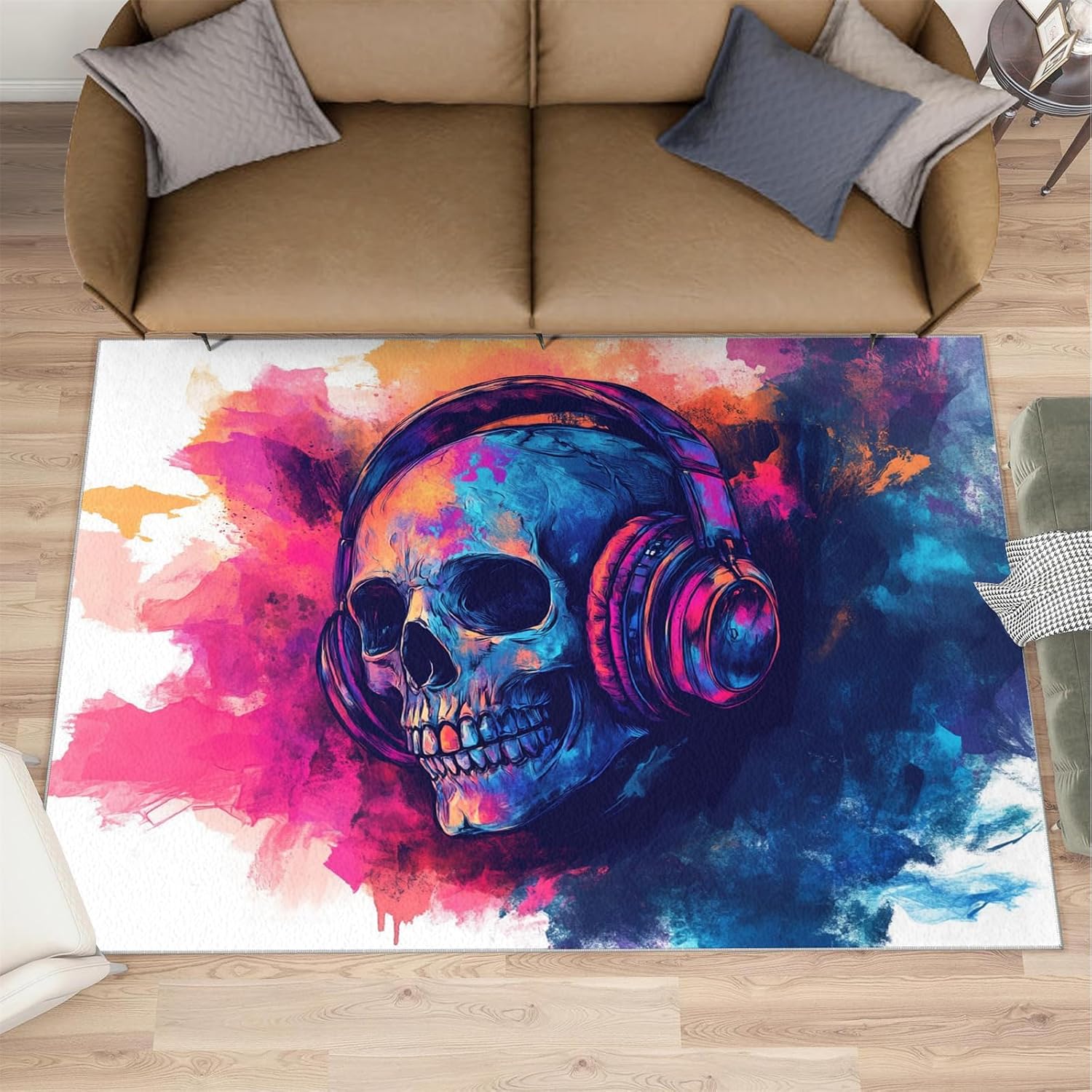 Skull Area Rug Large - 6x8 Rug, Skeleton Rugs for Living Room, Gothic Area Rugs for Bedroom, Halloween Washable Carpet, Halloween Home Decor & Gifts
