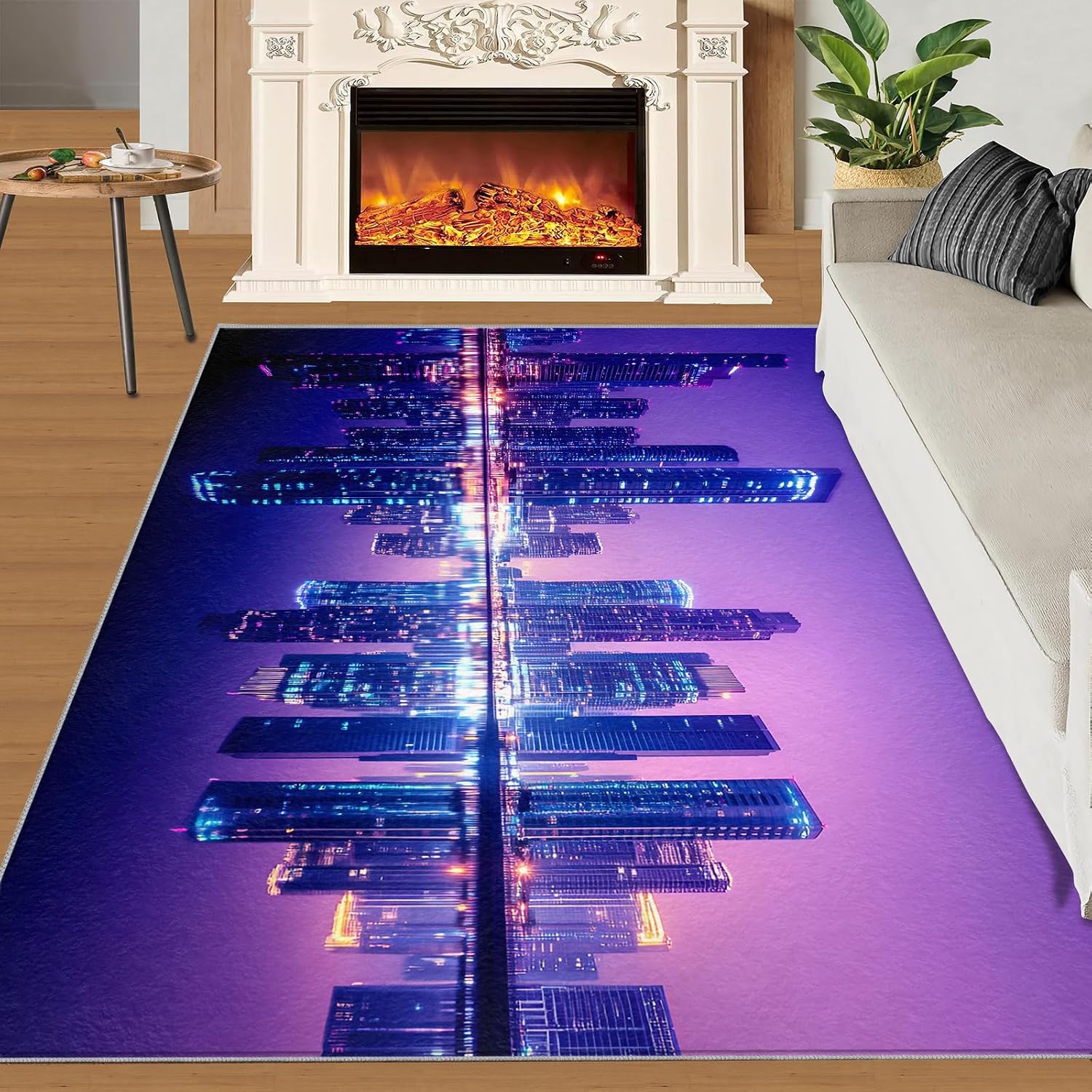 City Nightscape Area Rug 6x8 - Futuristic City Large Rugs for Living Room, Technological Buildings Carpet Area Rug for Girls Bedroom Kids Room Basement Office Classroom