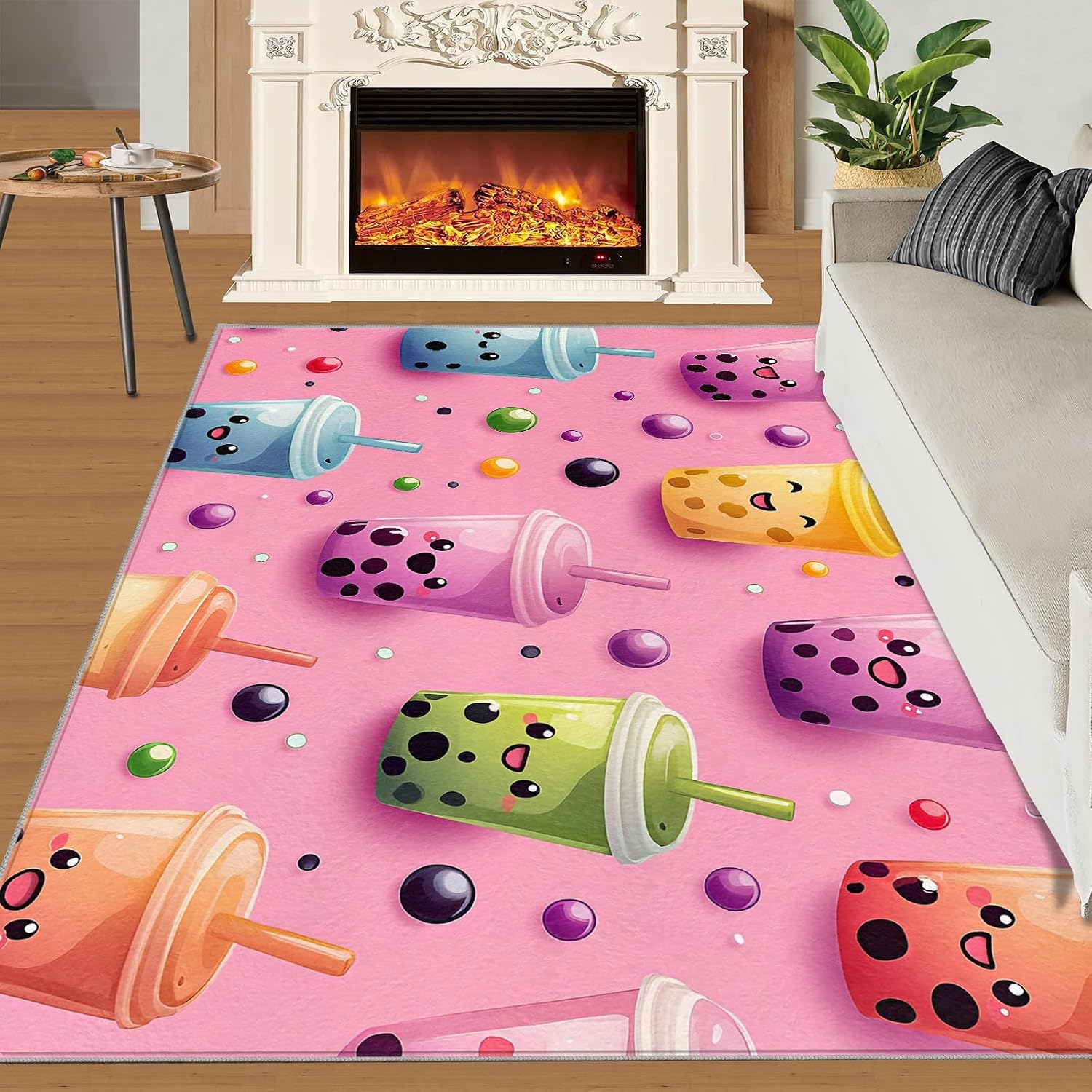 Pink Rugs for Living Room, Boba Print Rug, Cartoon Girl Washable Rugs for Bedroom, Low Pile & Non Slip, Indoor Carpet, 6x8 Area Rug & Home Decor