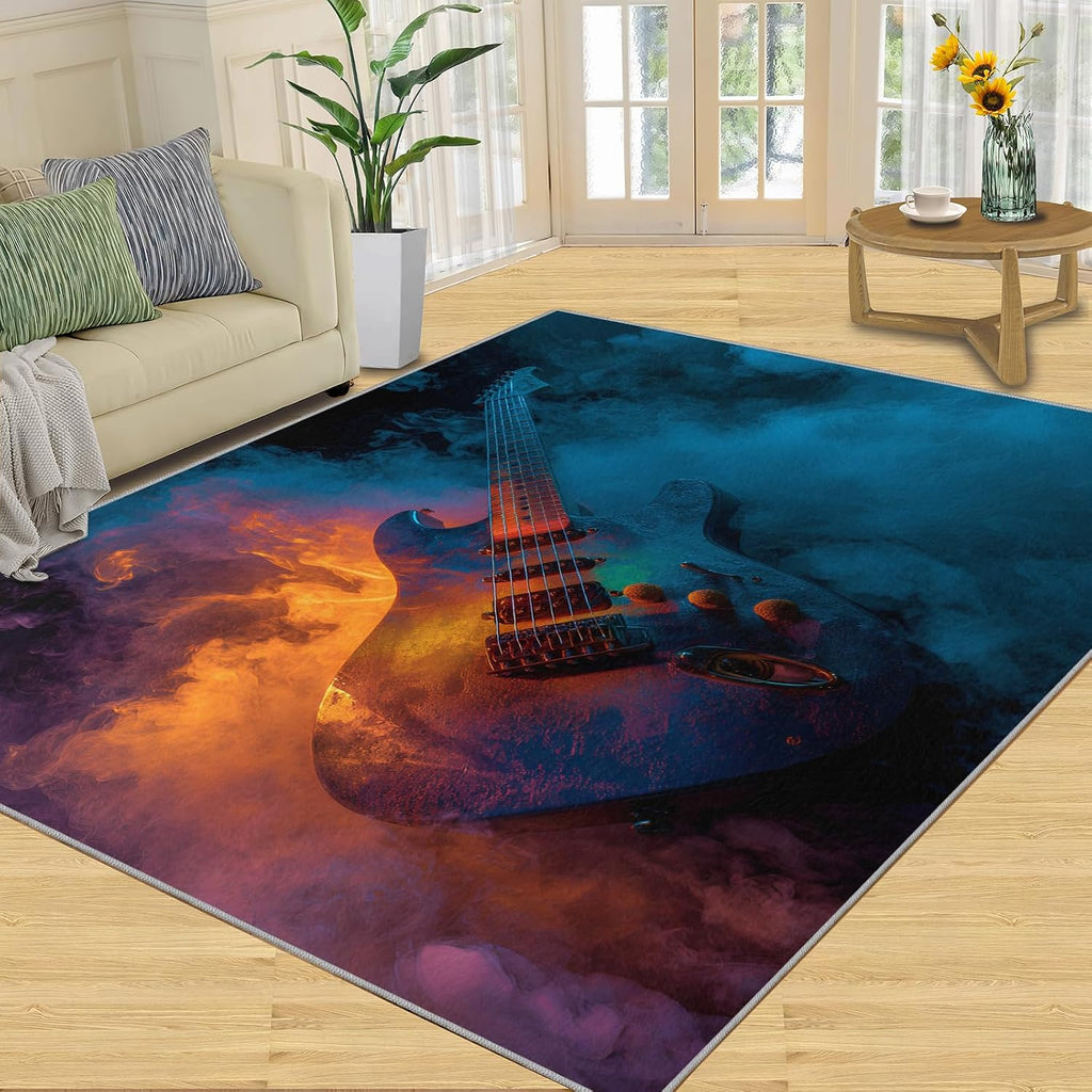 Guitar Kids Rugs for Bedroom, Music Lover Rug 6x9, Music Area Rug Washable & Non Slip Large Carpet for Home Decor