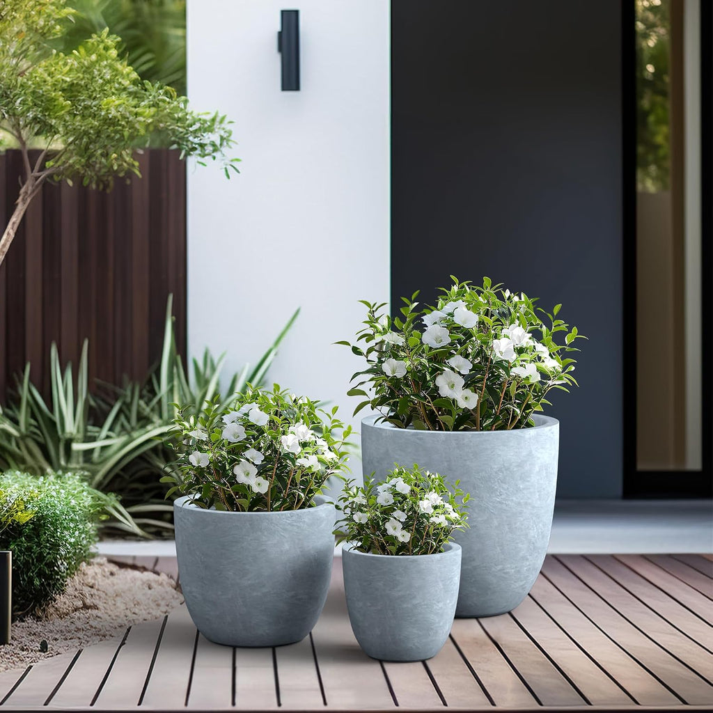 Kante 18',14',10' Dia Concrete Round Planters (Set of 3), Outdoor Indoor Large Planter Pots with Drainage Hole and Rubber Plug for Home Patio Garden, Gray
