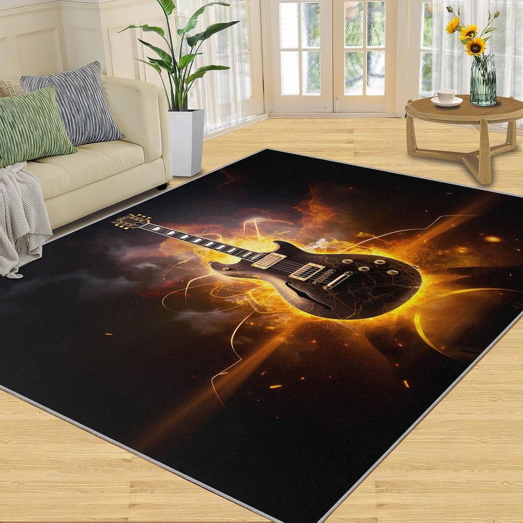 Guitar Rugs for Music Room - 5x7 Rug, Boys Musical Home Decor, Music Washable Rugs for Living Room Bedroom, Cool Gold Area Rug, Rock and Roll Carpet, Electric Guitars Gifts for Men