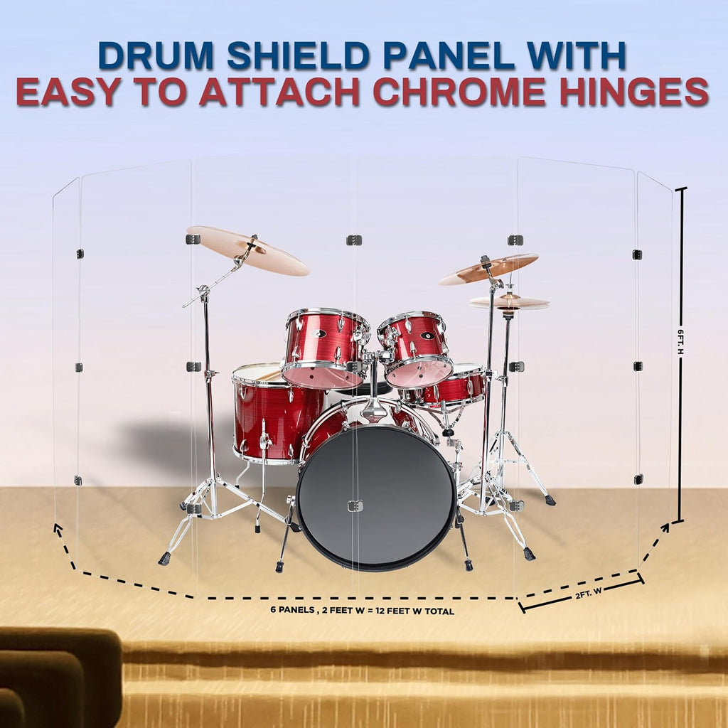 PENNZONI Drum Shield 6ft with Chrome Hinges, Comes w/ 6 Drum Panels, & Chrome Hinges, Premium Clear Acrylic Panels, Drum Screen