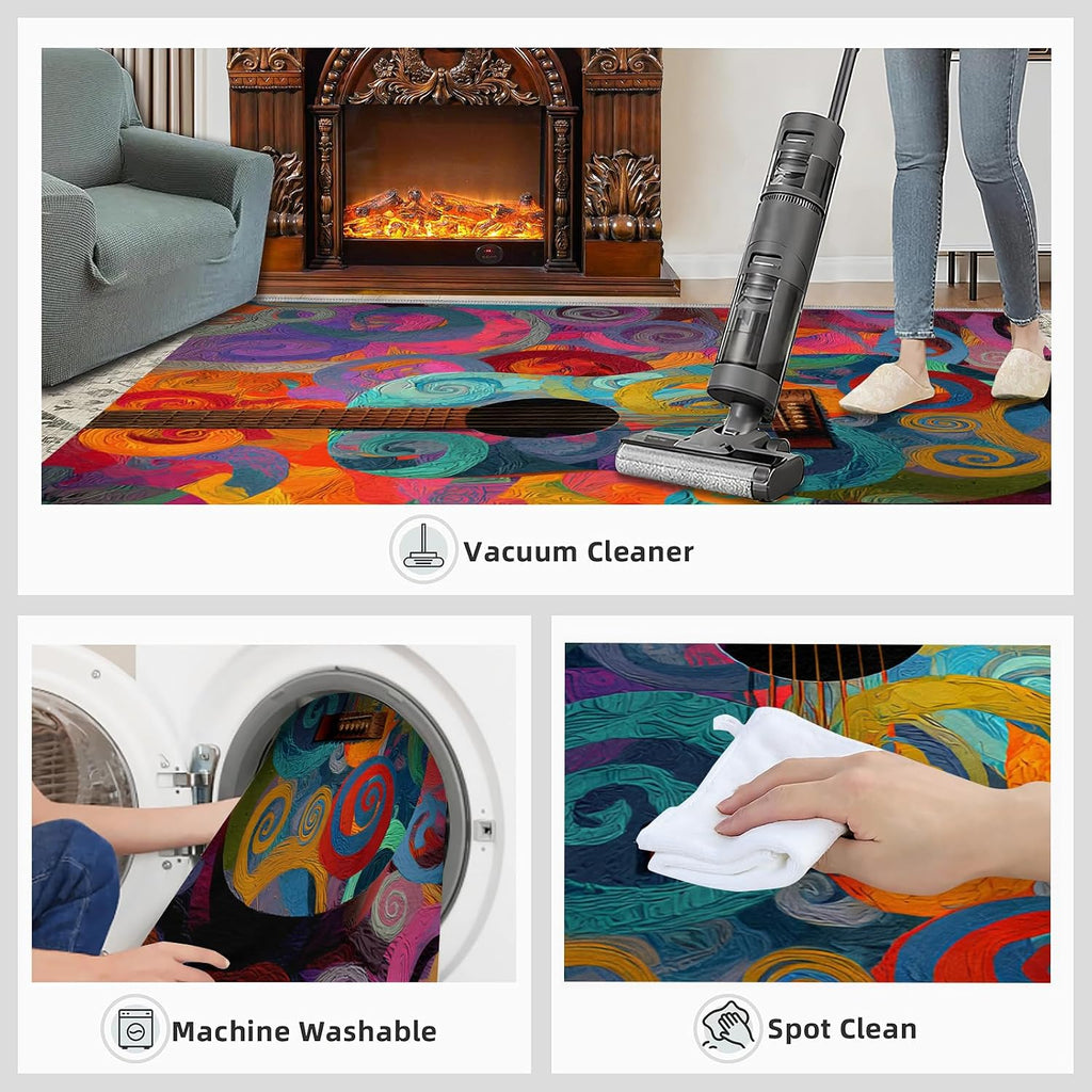Guitar Rugs for Music Room - Boys Musical Rug, 6x8 Rug, Music Washable Rugs for Living Room Bedroom, Colored Swirl Area Rug, Rock and Roll Carpet - Home Decor, Electric Guitars Gifts for Men