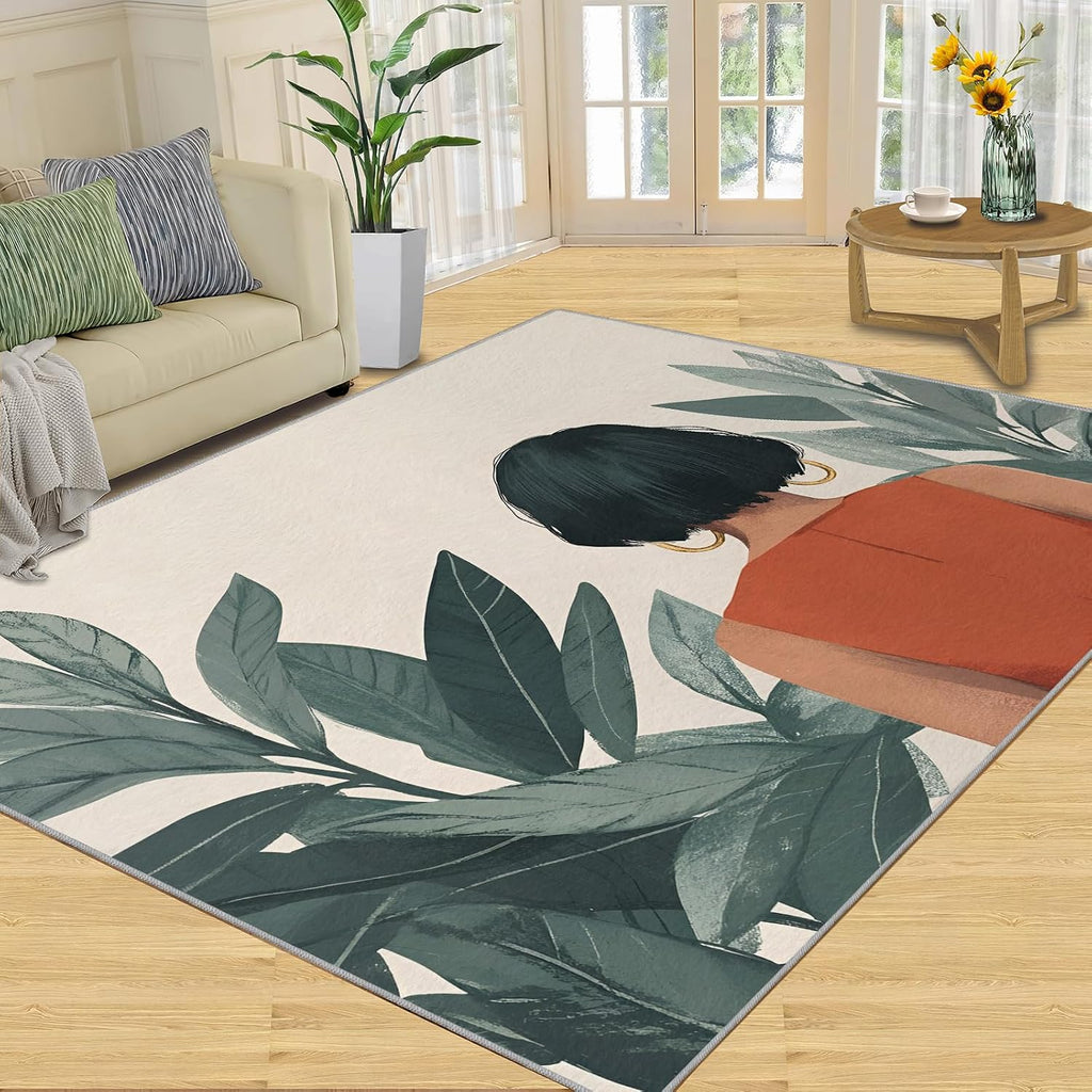 6x8 Fashion Portraits Classroom Rugs - Woman Plants Playroom Rug, Minimalist Art Carpet Area Rug for Girls Bedroom Kids Room Basement Office Classroom