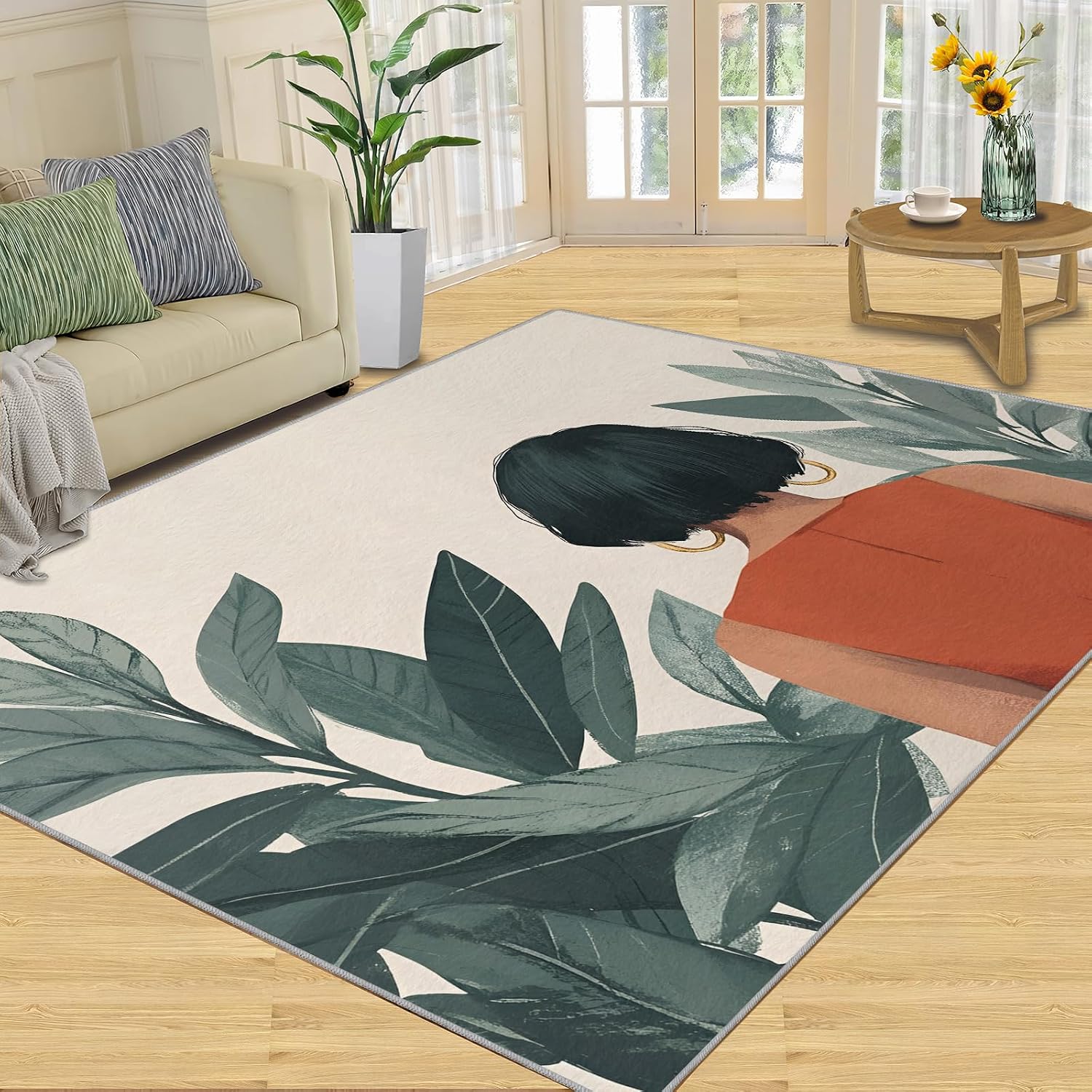 6x8 Fashion Portraits Classroom Rugs - Woman Plants Playroom Rug, Minimalist Art Carpet Area Rug for Girls Bedroom Kids Room Basement Office Classroom