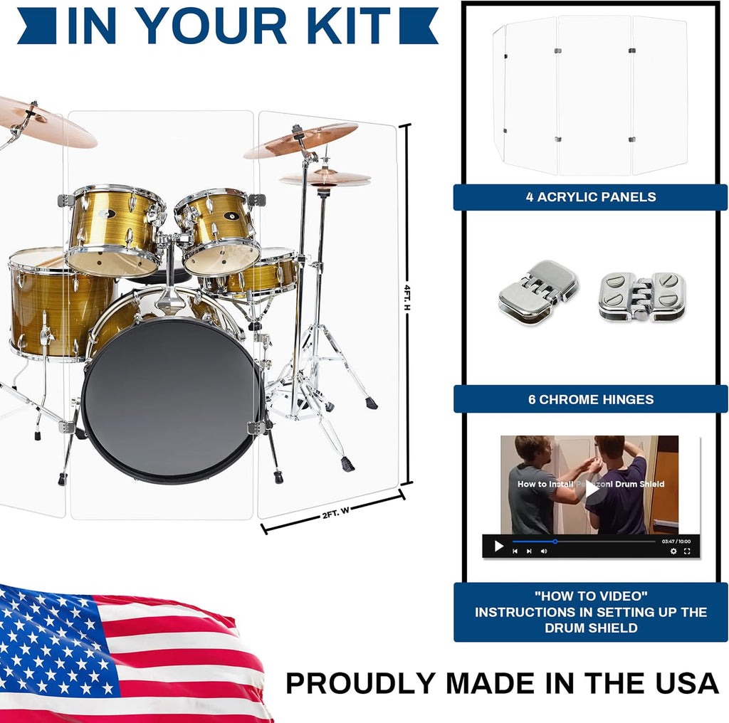 PENNZONI Drum Shield 4ft w/Chrome Hinges, Comes w/ 4 Drum Panels, & 6 Chrome Hinges, Premium Clear Acrylic Panels, Drum Screen