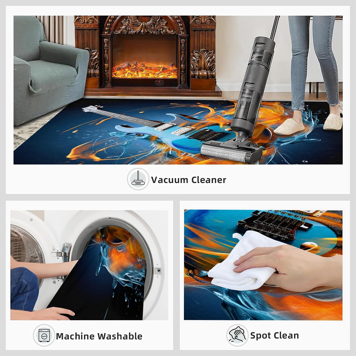 Guitar Rugs for Music Room - 5x7 Rug, Music Home Decor, Boys Musical Washable Rugs for Living Room Bedroom, Blue Area Rug, Rock and Roll Carpet, Electric Guitars Gifts for Men