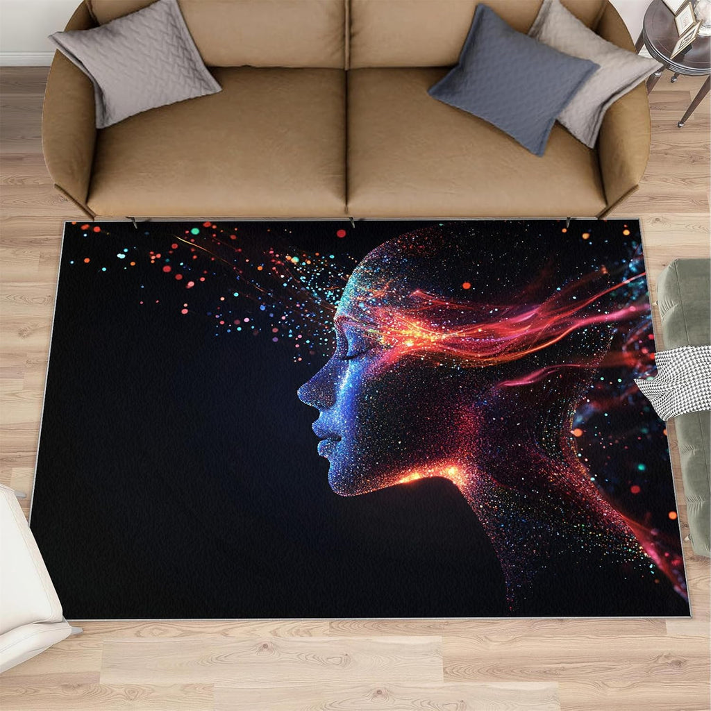 Sci-fi Theme Rug 6x8-6x8 Rug, Human Brain Washable Rugs for Living Room, Woman Carpet, Female Profile Non-Slip Area Rugs for Bedroom, Future Carpet, Sci-fi Home Decor