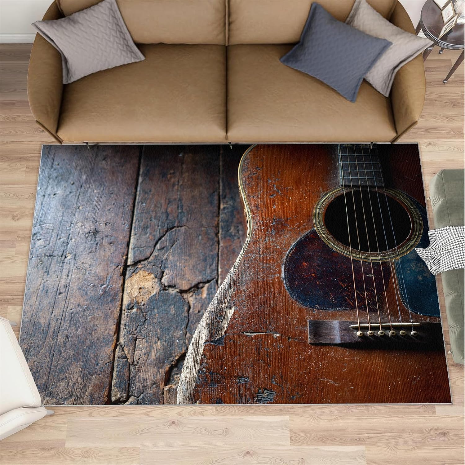 Guitar Rug for Kids Room, Acoustic Guitar Rug 5x7, Vintage Instrument Bedroom Rugs Washable & Non Slip Carpet for Home Decor