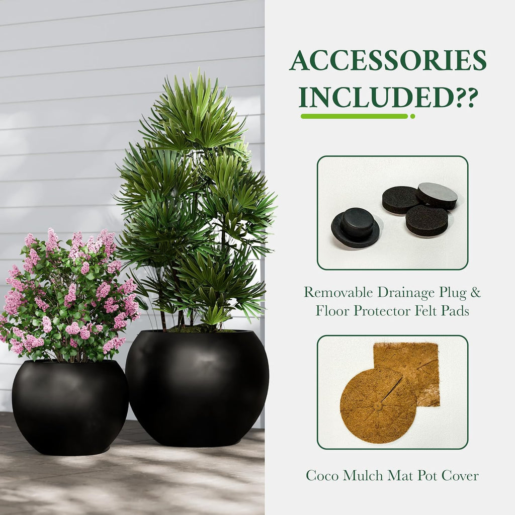 DTY Premium Mt Sherman Fiberstone Sphere Planter for Indoor Outdoor Use, Round Pot for Olive Tree, Lightweight, Smooth Finishes. 2 Extra Coco Mats. Black, Large 21.1'' D x 16.7'' H. 14.6' Pot Opening
