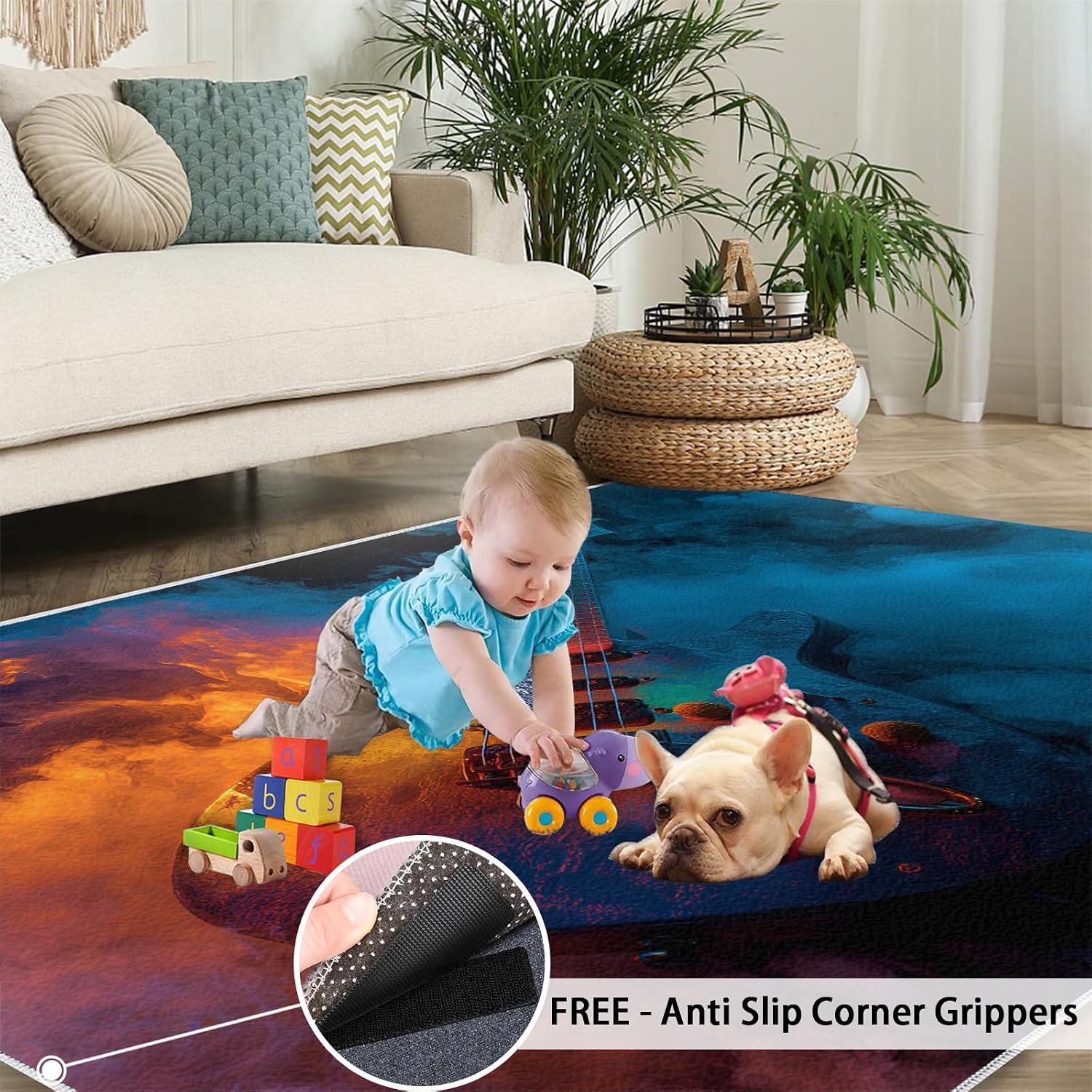 Guitar Kids Rugs for Bedroom, Music Lover Rug 6x9, Music Area Rug Washable & Non Slip Large Carpet for Home Decor