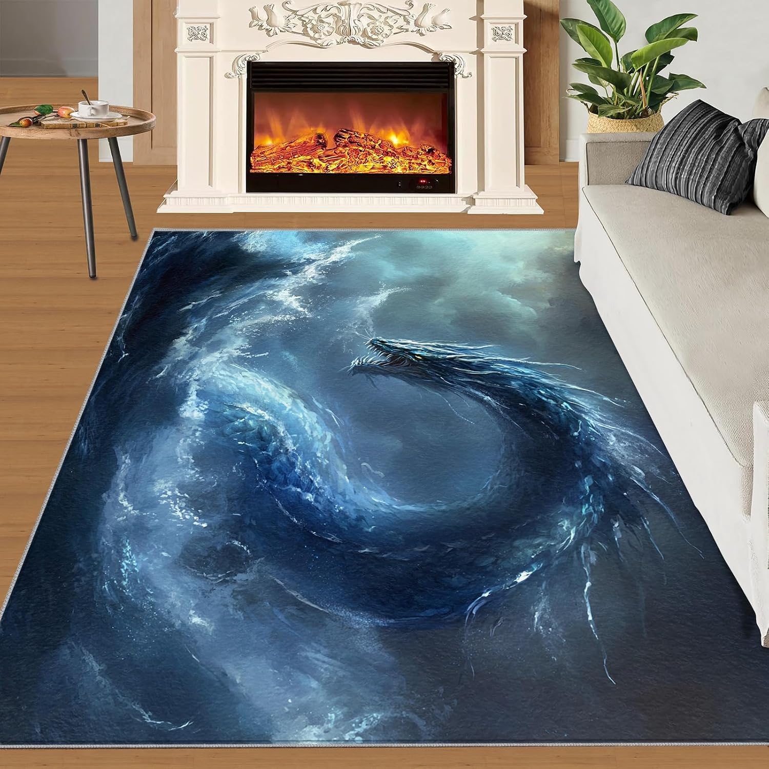 Dragon Area Rug Large - 6x8 Rug, Magical Animal Rugs for Living Room, Fantasy Animal Carpet, Western Washable Area Rugs for Bedroom, Blue Ocean Carpet, Western Dragon Home Decor