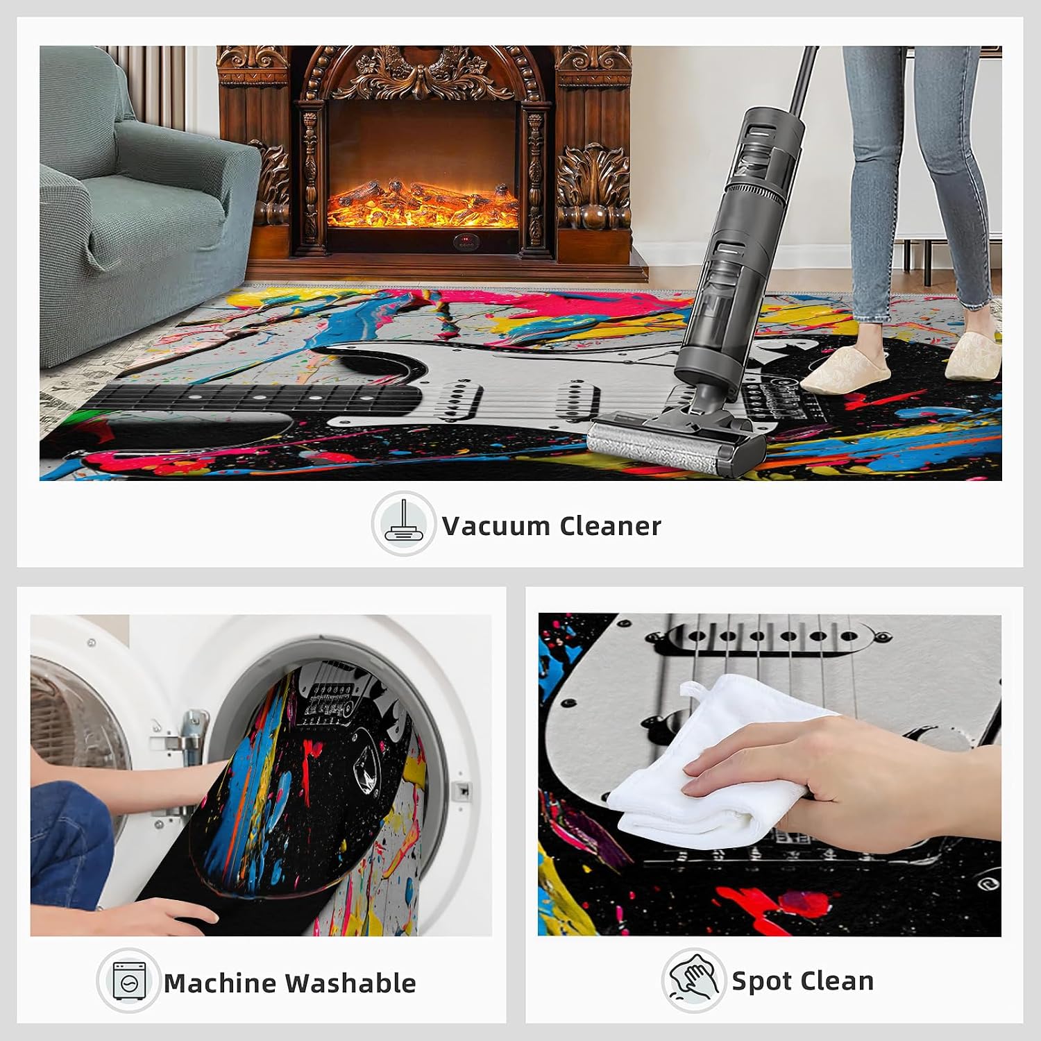 Cool Guitar Area Rug - Guitar Kids Rugs - Music Lover Rug for Bedroom, Indoor Machine Washable Carpet for Music Classroom Studio Band 6x9ft