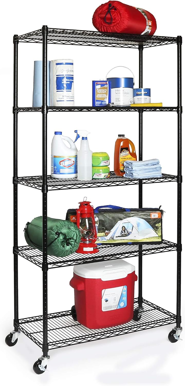 Seville Classics UltraDurable Heavy Duty NSF Solid Steel Wire Rack Storage Unit, Organizer for Garage, Warehouse, Office, Restaurant, Classroom, Kitchen, Black, 5-Tier Shelving, 36' W x 18' D