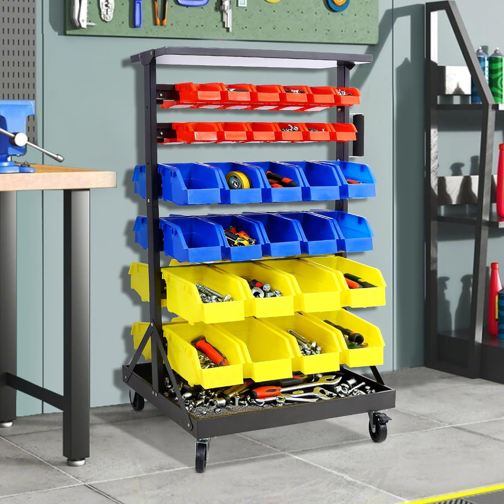 6-Tier Rolling Bin Stroage Rack with 60 Bins, Dual-Sided Parts Organizer with Wheels and Top Tray, Heavy Duty Tool Storage Rack for Workshop, Garage, Utility Use