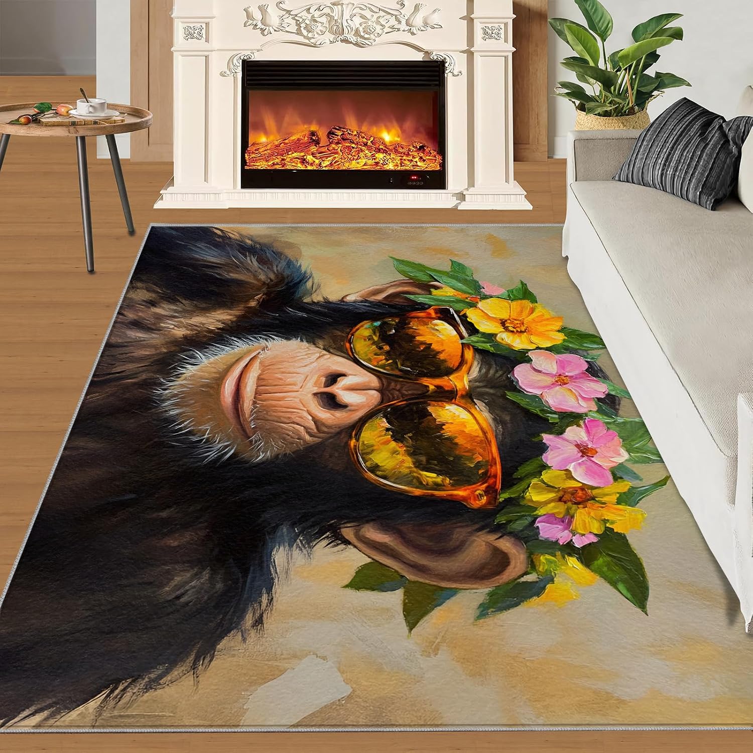 6x8 Chimp Area Rug - Chimpanzee Large Rugs for Living Room, Floral Crown Chimpanzee Carpet Area Rug for Girls Bedroom Kids Room Basement Office Classroom