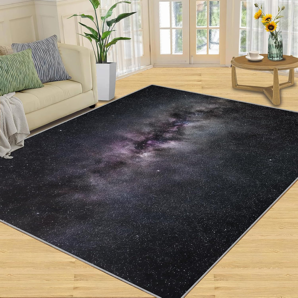 Mysterious Nebula Area Rug, Black Purple Starry Sky Rugs for Living Room, Indoor Non-Slip Kids Rugs, Machine Washable Breathable Durable Carpet for Front Entrance Floor Decor,6 x 8ft