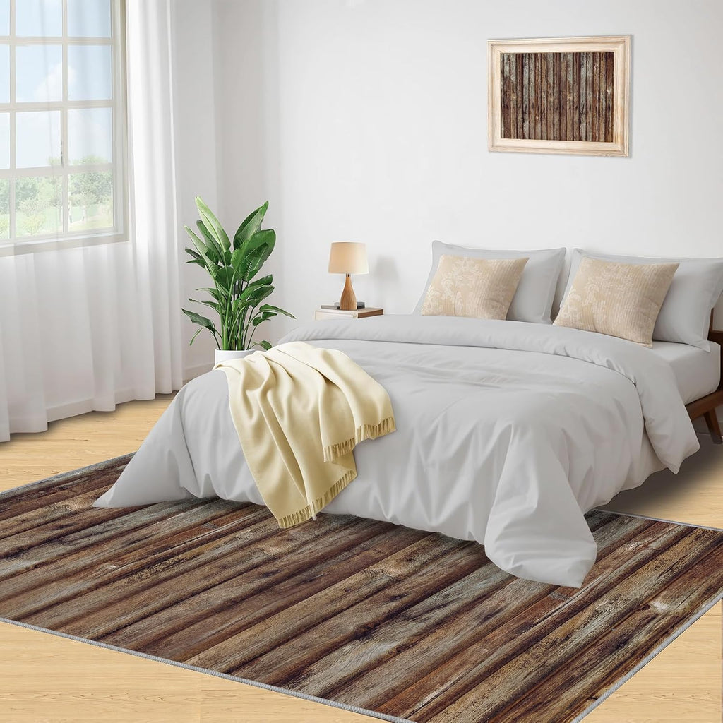 Brown Striped Wood Texture Area Rug, Modern Simple Rugs for Living Room, Easy Clean Carpet Washable Indoor Non-Slip Rug for Boys and Girls Nursery Bed Living Room Carpets Nursery Decor,6 x 8ft