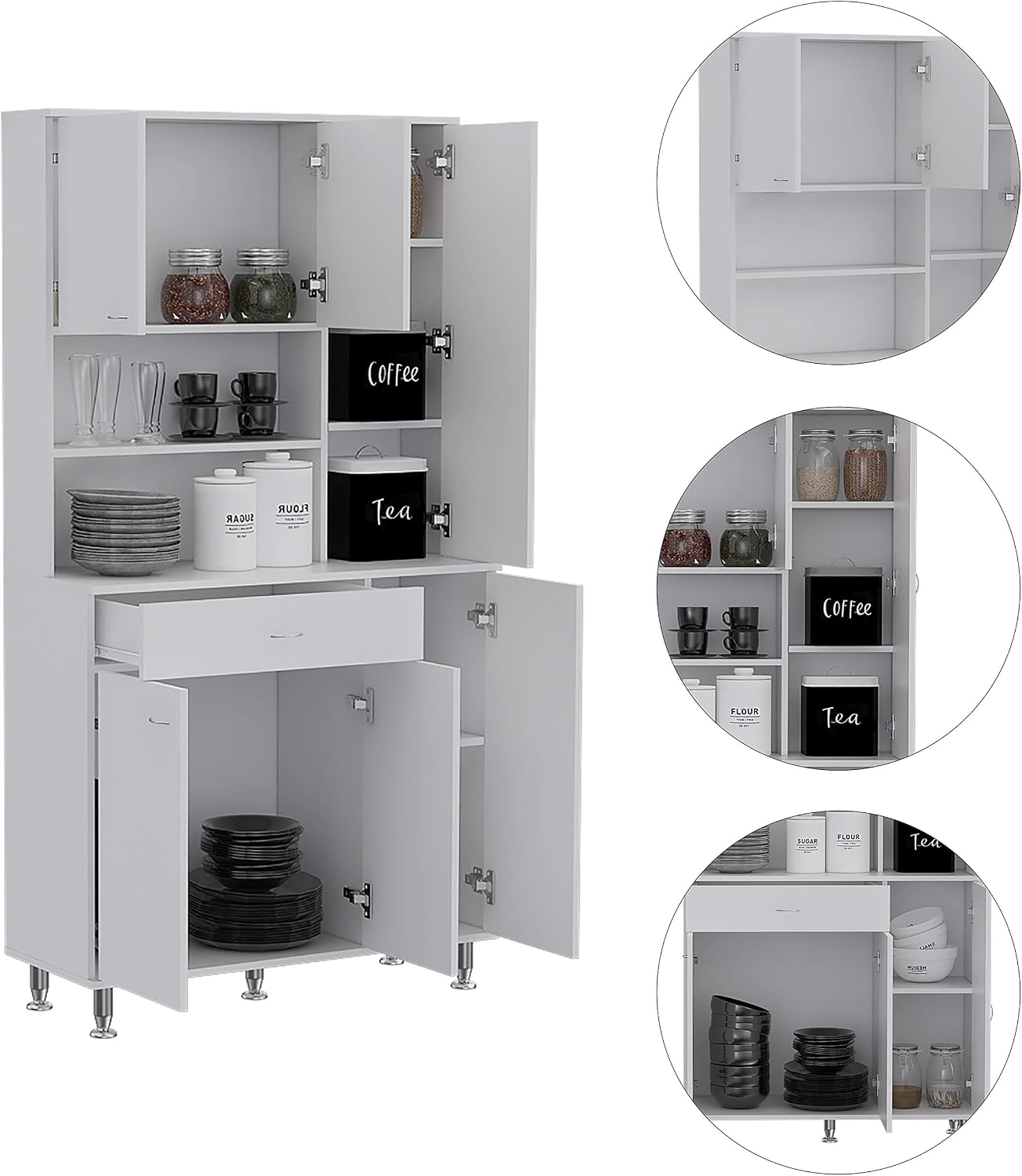66' High-Capacity Freestanding Storage Cabinet, Kitchen Storage Bakers Rack with Multi-Shelves, Utility Food Cupboard with Drawer for Home Kitchen Areas, White