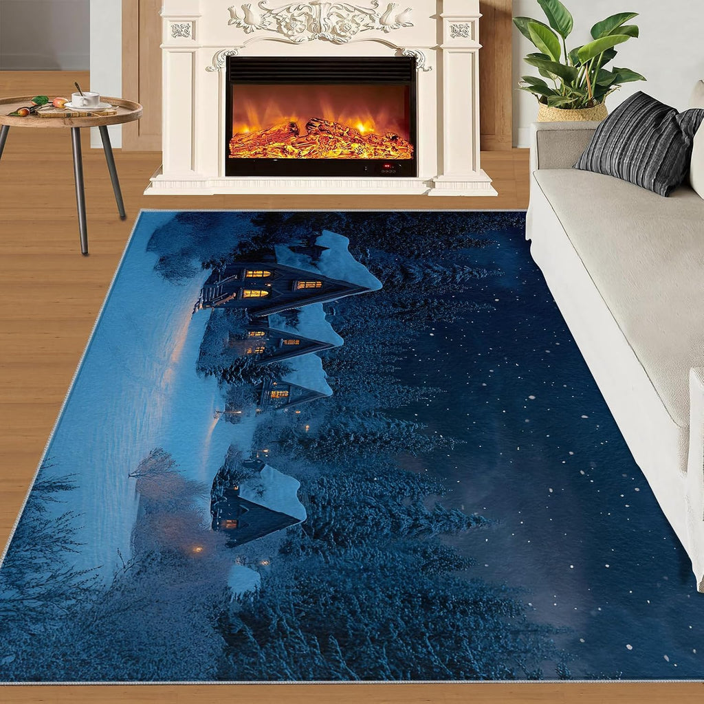 Rustic Cabin Rug Large - 6x8 Rug, Christmas Washable Rugs for Living Room, Winter Snow Scene Carpet, Festival Decor Non-Slip Area Rugs for Bedroom, Farmhouse Carpet, Christmas Home Decor