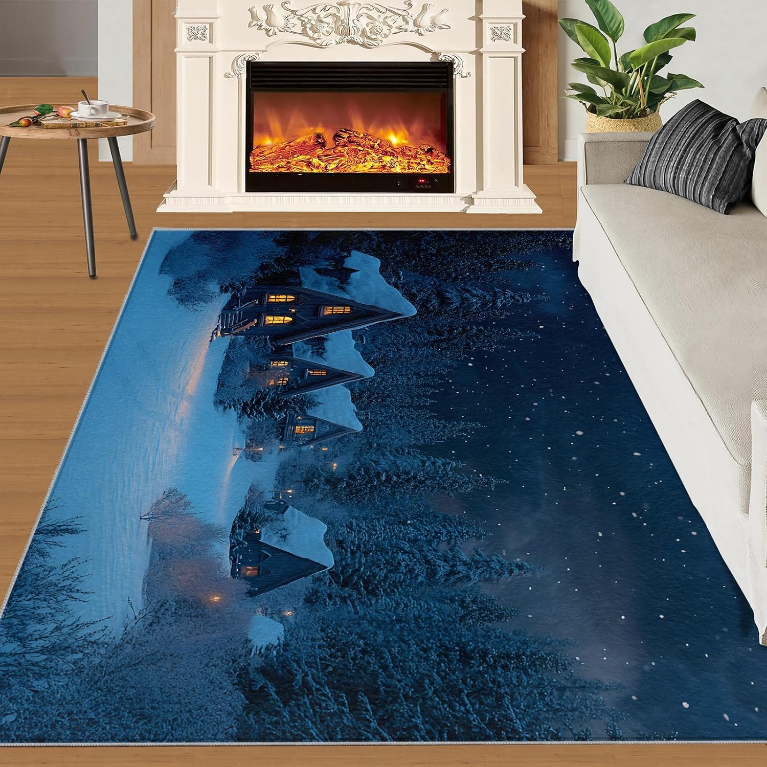 Rustic Cabin Rug Large - 6x8 Rug, Christmas Washable Rugs for Living Room, Winter Snow Scene Carpet, Festival Decor Non-Slip Area Rugs for Bedroom, Farmhouse Carpet, Christmas Home Decor