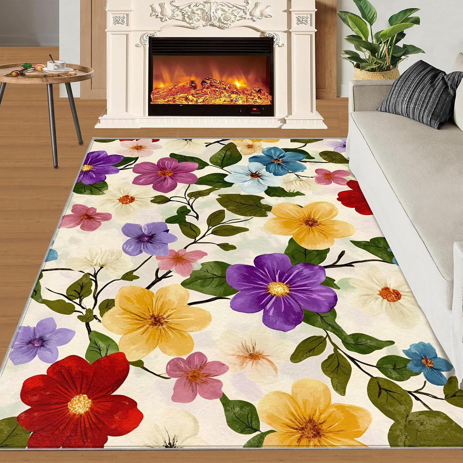 Floral Area Rug Large - 6x8 Rug, Boho Floral Rugs for Living Room, Beige Carpet, Retro Flower Washable Area Rugs for Bedroom, Boho Carpet, Flower Home Decor