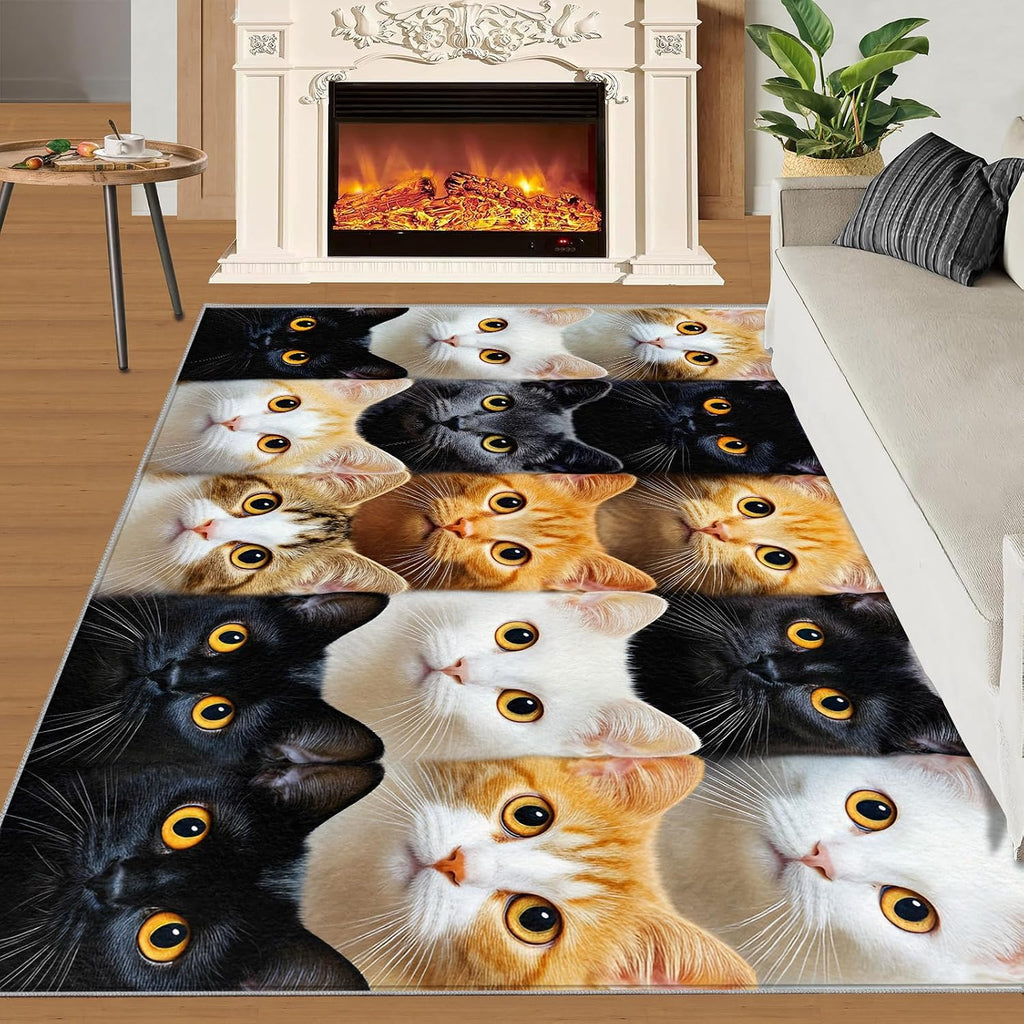 Cat Print Rug 6x9 Area Rug, Cute Cat Washable Rugs, Animal Print Rugs for Living Room Bedroom Decor, Low Pile & Non Slip Indoor Carpet