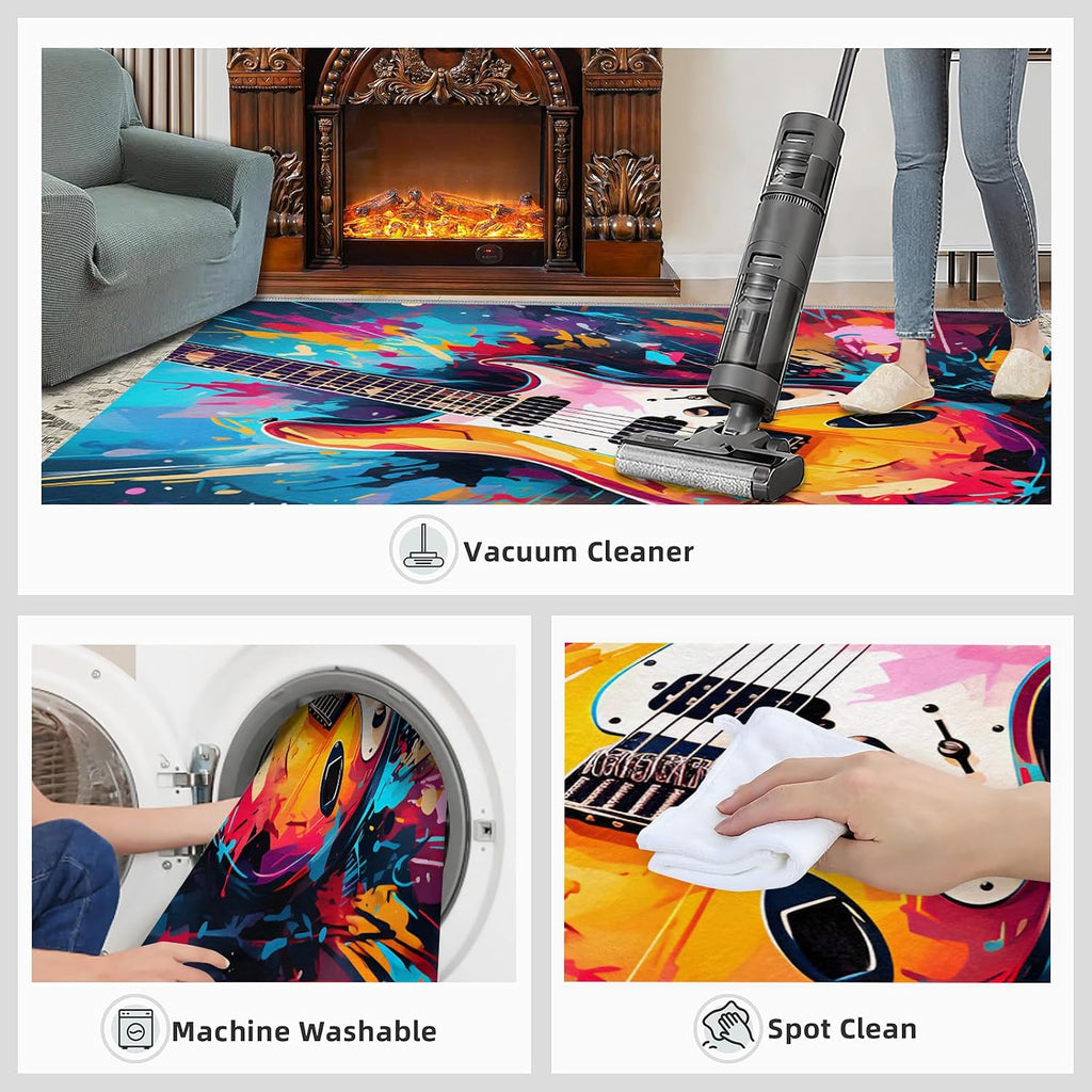 Cool Guitar Area Rug - Guitar Kids Rugs - Music Lover Rug for Bedroom, Indoor Machine Washable Carpet for Music Classroom Studio Band 5x7ft