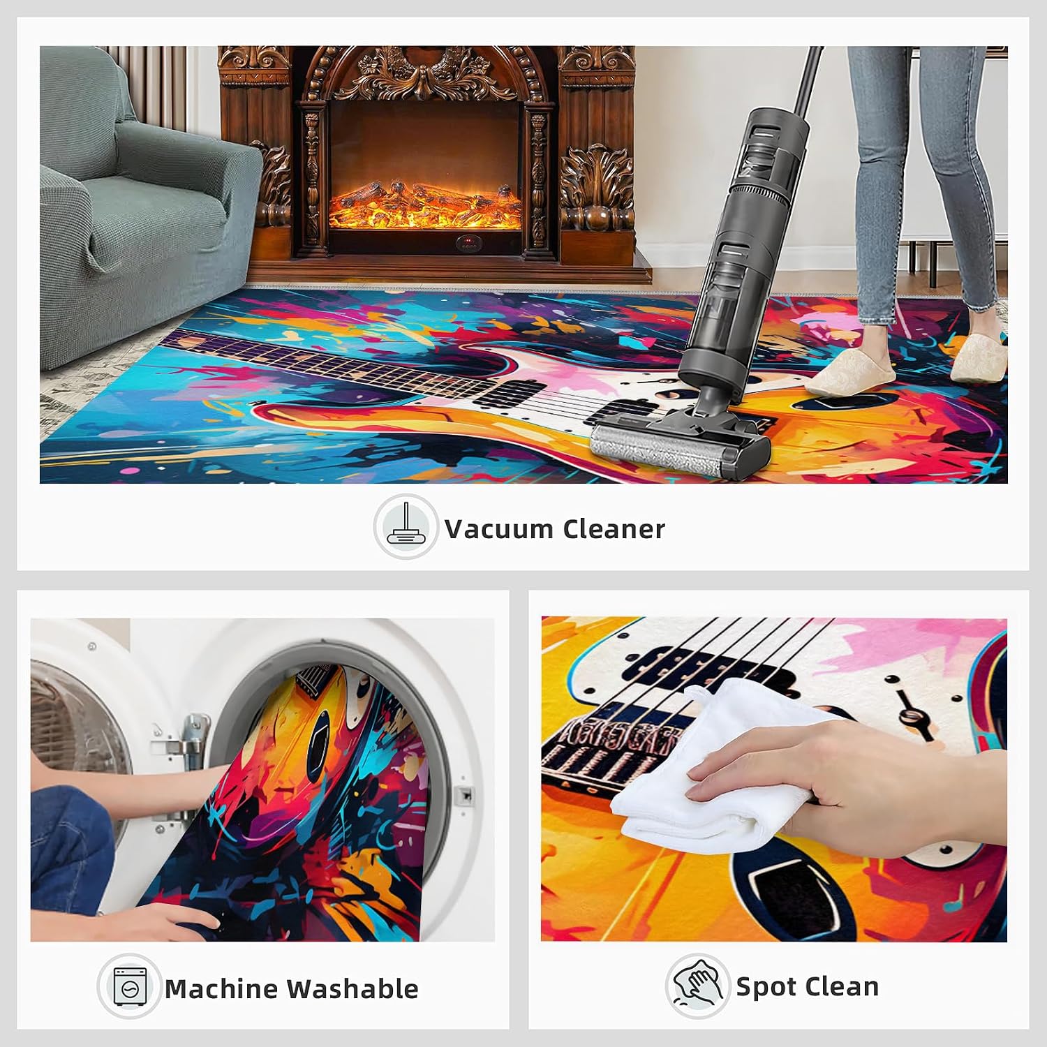Cool Guitar Area Rug - Guitar Kids Rugs - Music Lover Rug for Bedroom, Indoor Machine Washable Carpet for Music Classroom Studio Band 5x7ft