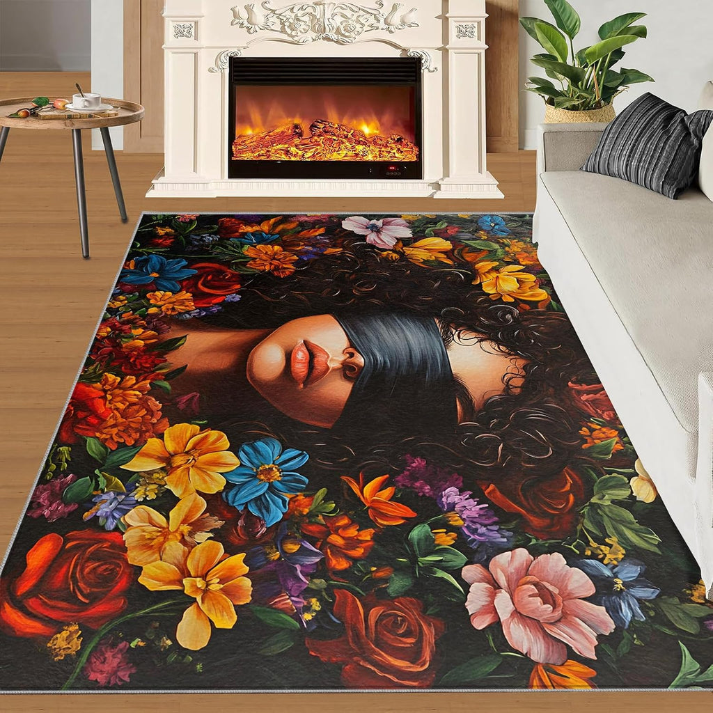 Black Girl Rug 6x8, Flowers Rugs for Bedroom, Fashion Girl Area Rug, Home Decor Rugs for Living Room, Non-Slip Machine Washable Carpet