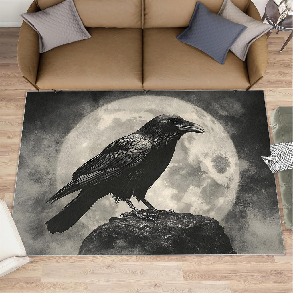 Black and White Rug - Large Rug 6x8 - Crow Rugs for Living Room - Soft & Non Slip & Washable Rugs for Bedroom, Full Moon Carpets for Dining Room Lounge Girls Room